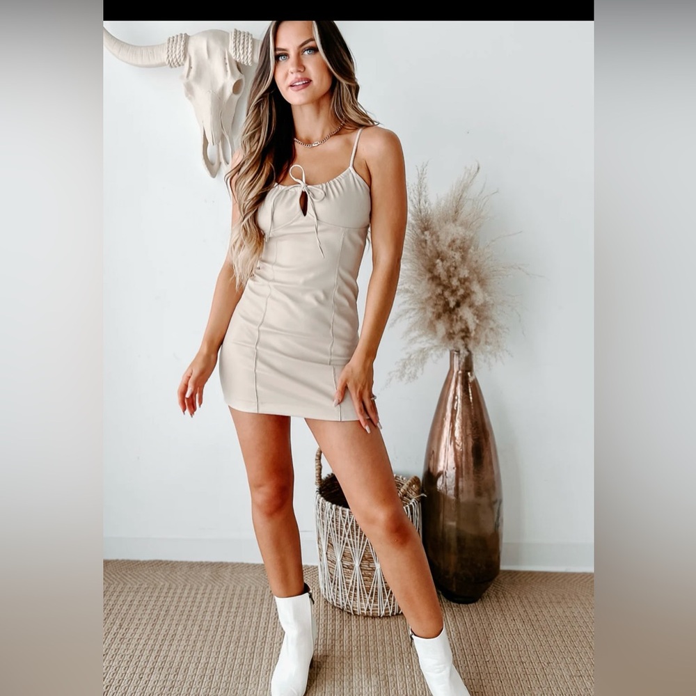 Tan Faux Leather Mini Dress with Sweetheart Neckline and Adjustable Straps nwt